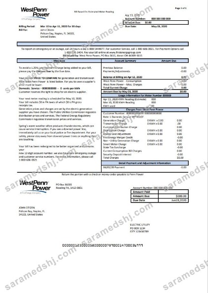 USA Pennsylvania West Penn Power utility bill template in Word and PDF format